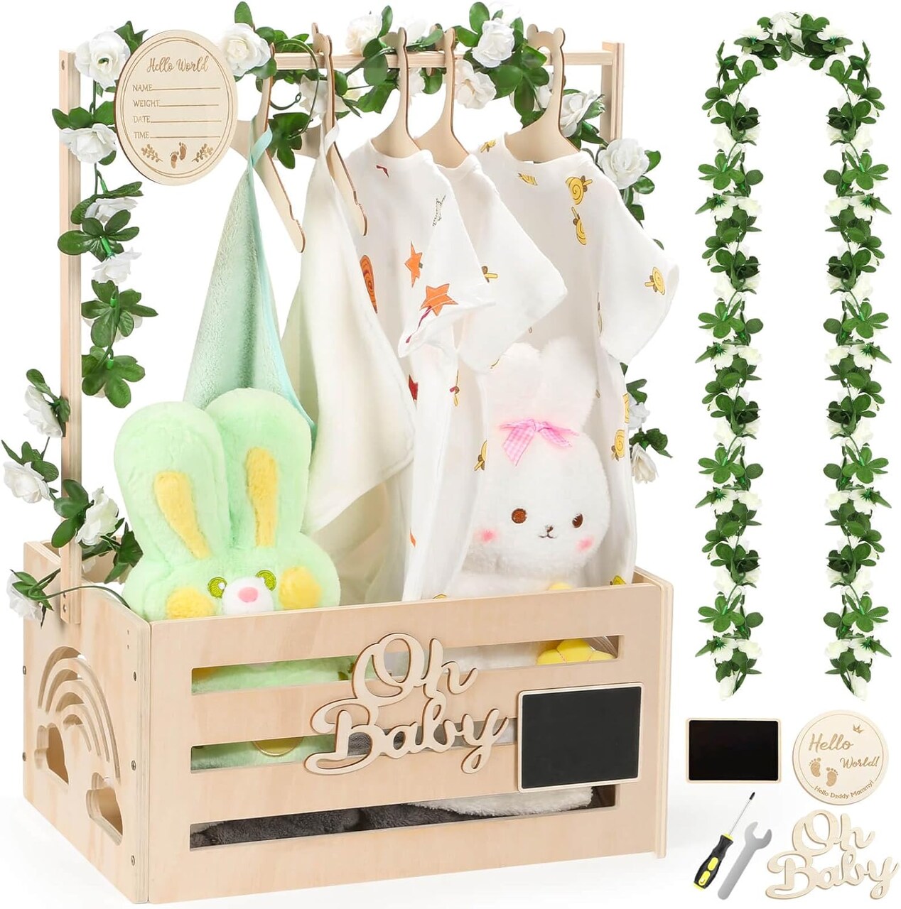 Wooden Baby Shower Crate Closet, Baby Shower Basket with Name Plate (Small Size) 13.4"L x 9"W x 6.7"H